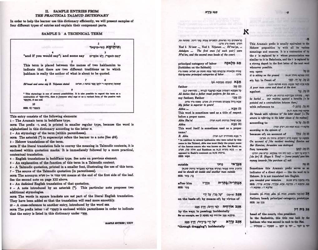 Fig. 2: The growth of interest in rabbinic literature in the English-speaking world has spurred the publication of a number of new English-language reference aids to guide the student through the maze of classical rabbinic literature. This practical Talmud dictionary by Yitshak Frank, supervised editorially by Ezra Zion Melamed (author of an Aramaic-Hebrew dictionary as well as multiple studies of rabbinic literature), and issued by Feldheim Publishers, exemplifies this trend.  To simplify its use for the reader, the author notably omits words that rarely occur in favor of words that “occur at least ten times.”  The Aramaic and Mishnaic Hebrew entry elements are presented in vocalized Hebrew characters; each entry is accompanied by a literal translation into English and Hebrew; the dictionary explanations are in English, accompanied by illustrative quotations and cross-references. Frank’s dictionary also contains a list of abbreviations commonly appearing in rabbinic literature as well as useful bibliographical references for further reading and research.